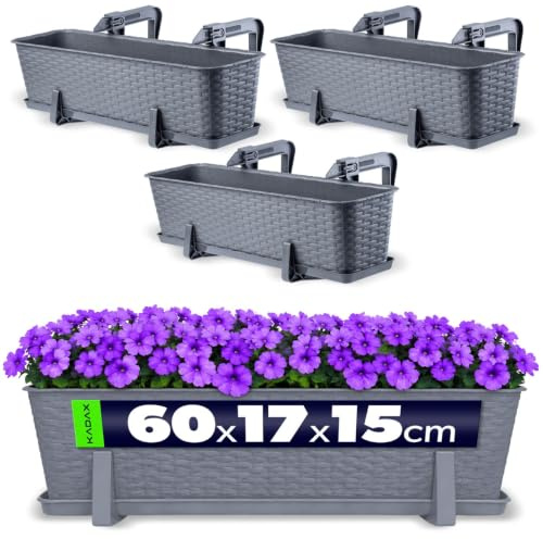 KADAX Blumenkasten 60 cm 3er Set Balkonkasten – Kunststoff Pflanzkasten für Balkon & Garten, Graphit, Wetterfest & Stabil, Ideal für Blumen & Kräuter