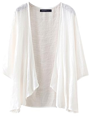 ZANZEA Kimono Damen Strand Kurz Cardigan Sommer Boho 3/4 Arm Strickjacke Strand Cover Up Große Größen Strandponcho Oversize Cardigan B-Weiß XXL