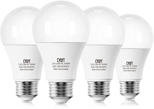CYLYT 100W Equivalent Bright LED Light Bulbs, Daylight White 5000K A19 Lightbulbs, Focos LED para Casa, for Kitchen Bedroom Indoor, 1500 Lumens, E26 Standard Base, 4-Pack, Non-Dimmable