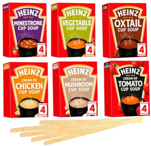 Cup Soup Variety Pack - 6 Flavours, 24 Sachets - with Chicken, Minestrone, Tomato, Mushroom, Oxtail, and Vegetable - Includes 24 x Individually Wrapped Wooden Stirrers