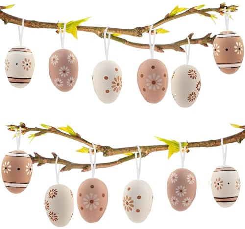 KIKVTER Ostereier zum Aufhängen, 12 Stück Osterdeko mit Tollen, Deko Ostereier mit Schnur zum Aufhängen, Ostereier Plastik, Dekorative Eier Osterdekoration, Ostereier für Innen und Außen Osterdeko