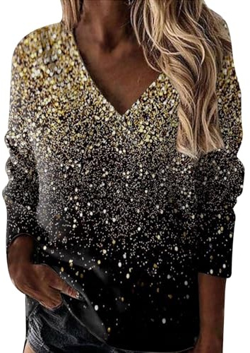 FNKDOR Sweats Femme Imprimé Ciel Étoilé Pailleté Sweatshirts Chic Col en V Pullover Top Printemps Automne T-Shirts à Manches Longues Décontractée Lâché Tunique Haut Blouses(D Or,XL)