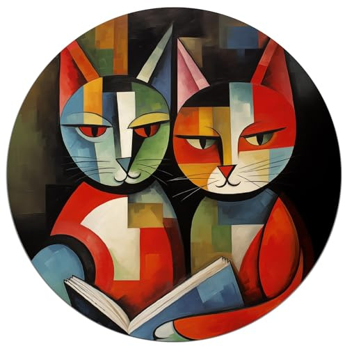 Wallario Glasbild rund Lesende Katzen - Rund, 50 cm Durchmesser Wandbild Glas in Premium-Qualität: Brillante Farben, freischwebende Optik