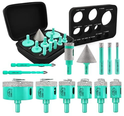 LEKOMESH Diamant Fliesenbohrer Set Bohrkrone - 11pcs (6/8/10/25/28/32/35/45/65mm+20mm Bohren Fräsen+50mm Fasenfräser+6/6mm Hartmetallbohre) Für Porzellan Keramik Fliesen Marmor Granit,Dreikant-Schaft