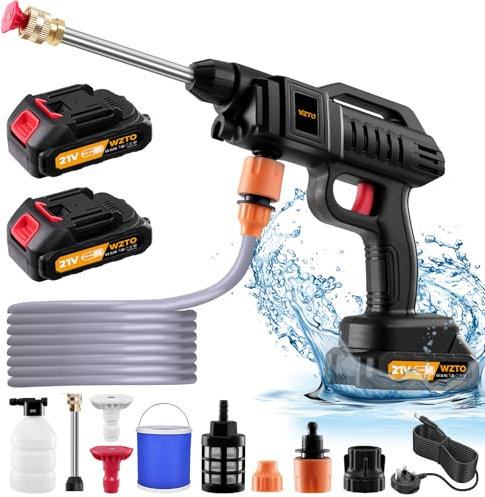 1500W Cordless Pressure Washer, 21V Portable, 870 Psi High Pressure Washer Kit with 2 Nozzles, 2000mAh Battery, 16.4FT Hose for Car & Garden Outdoor Use with Bucket