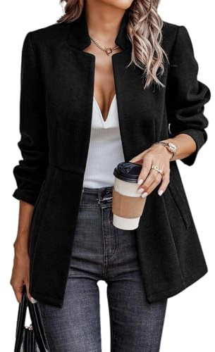 FM2018XSL Giacca da Ufficio a Maniche Lunghe da Donna Casual Blazer da Donna con Tasche Elegante Cappotto con Colletto Ritagliato(L=Taglia XL,Nero)