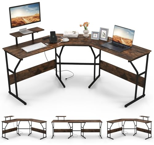COSTWAY Scrivania ad Angolo a Forma di L con Presa Elettrica, Scrivania Angolare per Computer con Supporto Monitor Movibile, 225cm Postazione da Lavoro per 2 Persone per Lavoro e Gioco (Marrone)