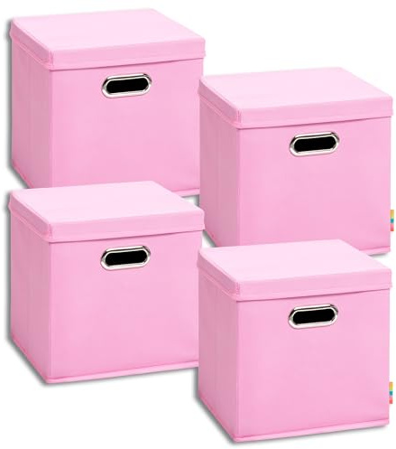 Storanda | 4er Set Aufbewahrungsbox mit Deckel 28x28x28 cm | Beiseitig Breite Griffe | Stabil & Faltbar | Regalbox für Würfelregal | Rosa