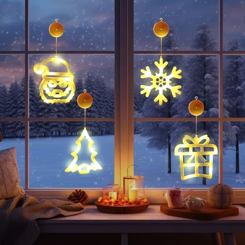 Weihnachtsbeleuchtung Fenster, LED Lichtervorhang mit Timer und 2 Modi, Fensterdeko Weihnachten Lichterkette, Fensterbeleuchtung Innen, Weihnachtsbeleuchtung Innen für Weihnachtsdeko (4 Stück)