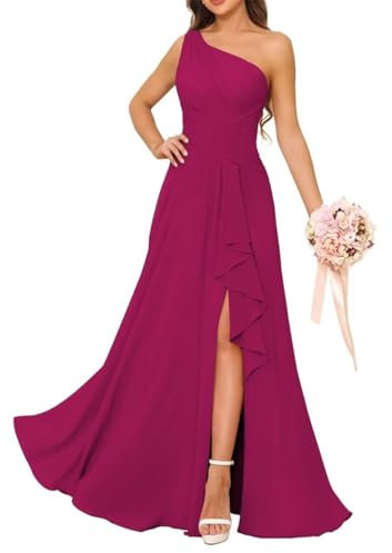 Vestidos de dama de honor de un hombro para mujer, para boda, con volantes, de gasa, vestidos de fiesta formal con abertura, fucsia, 40