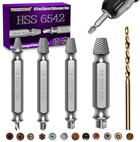 5 Pièces kit Extracteur de Vis Cassée, Dureté 63-65HRC, Fabriqué en HSS 6542, Extracteur de Vis Dénudé, Extracteur de Petite Vis Pour Percer et Enlever des Vis Endommagées