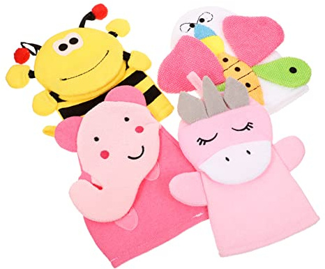 Toddmomy Cartoon Badehandschuhe aus Baumwollmischung 4 Stück-pack für Kinder mit Einzigartigem Design Weich und Formbar Zufälliger Stil für Bad und Dusche