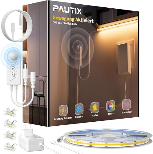 PAUTIX LED Tira con Movimiento Sensor,24V 5M COB LED Strip Motion Sensor Blanca Cálida 2700K,Regulable Super Brillo con Dual iluminación Modo para Armarios,Cocinas,Escaleras y Dormitorios