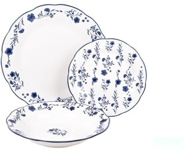 Vajilla de porcelana esmaltada irregular con detalle floral azul, 18 piezas. diseñado para: uso diario y ocasiones especiales.