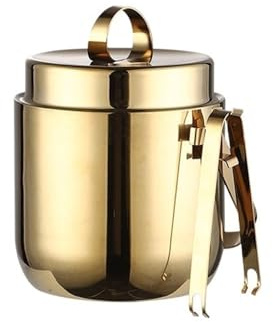 Bar Stainless Steel Double Layer Ice Bucket with Lid and Tongs for Bar, Party Champagne(Gold)