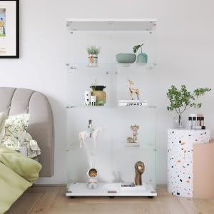 - Displayskåp i glas parfymhylla med 2 kökshower-dörrkarmar LED-upplyst glasmonter idealisk för vardagsrum och sovrum (vita dörrar)