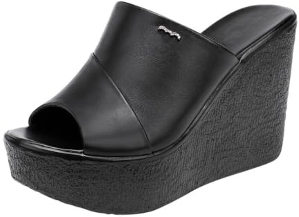 TNMIUH Sandalias de Cuña con Plataforma para Mujer, Negro, Cuero, Peep Toe, Tacón Alto 11cm, Mule Estilo Casual