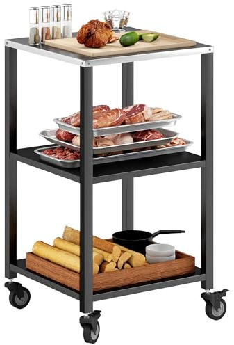 Outsunny Grillwagen 3-Etagen Grilltisch mit Edelstahl Arbeitsfläche Rollen mobiler Servierwagen Outdoor Beistelltisch Grill Trolley für BBQ 50 x 50 x 90 cm Schwarz