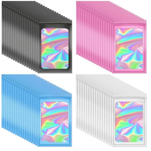 200pcs Holographic Resealable Mylar Bags with Clear Window, 4 Colors Small Ziplock Bags for Food Storage, Gift Packaging, Home & Commercial Use, 7x10cm Self Seal Bags with Hanging Hole