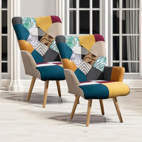 Aunekiv Patchwork Sessel 2er Set, Loungesessel mit Massivholzfüße Ohrensessel für Wohnzimmer, Schlafzimmer, Leseecke, Bunt