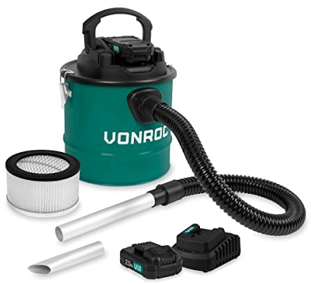 VONROC Aspiracenere a batteria VPower 20V. Incl. 2 batterie 2.0Ah e caricatore. Serbatoio 12L - Filtro HEPA