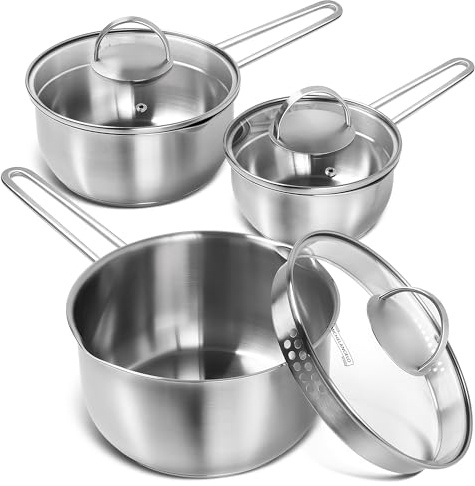 MICHELANGELO Stainless Steel Saucepan with Lid & Pour Spout 1QT & 2QT & 3QT, Tri-Ply Bottom Sauce Pan Set, Sauce Pot Set - 6 Pcs