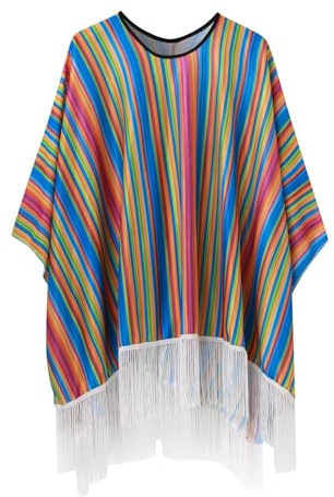 WAZHAKU Costume messicano Poncho EL Taco a righe colorate in taglia unica con frange travestimento mantello per uomo e donna Carnevale Carnevale messicano Cinco de Mayo Costume