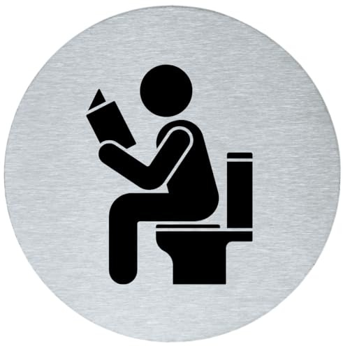 Stahl-Design Tebart WC Schild Mann „lesen“ rund 7,5 cm Edelstahl – graviertes Herren-Piktogramm mit Humor – selbstklebend mit 3M Klebefläche – langlebige Edeloptik & elegante Türbeschilderung