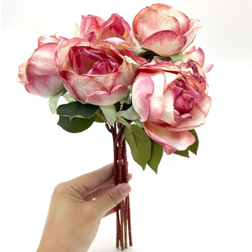 duoyif Rosas Falsas Ramo Rosa De Seda Decor, 1 Ramo Rosa Artificiales Exterior Interior 10 Piezas Cabeza De Flor, Flores Artificiales para Cementerio Bodas Oficina Casa Decor Centro Mesa (Rosa roja)