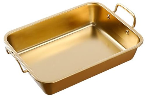 CHFYIJYHM Stainless Steel Rectangular Fish Roasting Pan 25/30cm Deep Roaster Pan Lasagna Pan Baking Tray Serving Platter Food Dish Great for Thanksgiving Christmas Roast Chicken, Beef(Gold,30cm)