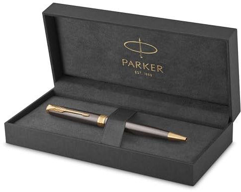 PARKER Sonnet Kugelschreiber | grau lackiert mit goldenen Zierteilen | mittlere Spitze | Nachfüllpackung schwarze Tinte | Geschenkbox | perfekte Geschenke zum Schulabschluss