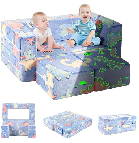 Kindersofa Ausklappbar, 2-in-1 Kleinkinder Schlafsofa, Kindersessel mit Schlaffunktion, Mini Couch für Kuschelecke Kinderzimmer, Fancy Spielsofa für Mädchen und Jungen, im Dunkeln leuchten (Blau)