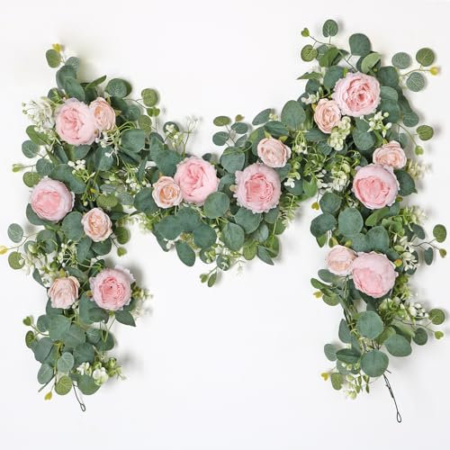SOMYTING 2 Pack 13FT Flower Garland, Artificial Rose Vine Fake Flower Garland Silk Rose Peony Hanging Vine Faux Floral Garlands for Wedding Party Arch Table Wall Backdrop Decoration (Light Pink, 2PCS)