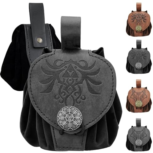 Pochette de Ceinture en Faux Cuir embossé médiéval, Retro Renaissance Portable Belt Bag Coin Purse Dice Bag (Noir-B)