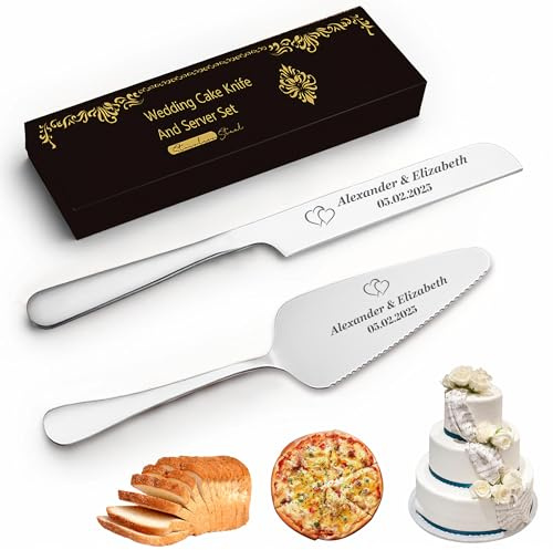 FCLYDER Personalisiertes Tortenmesser & Servierset mit Gravur – Hochzeitsgeschenk für Brautpaare, Geburtstagsgeschenk, Jubiläumsgeschenk – Edelstahl-Kuchenschneider mit Servierer in Geschenkbox