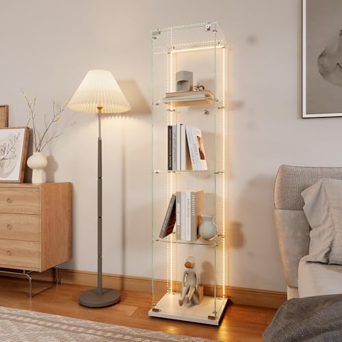 TIMORWTF Vitrina de cristal con tira LED, armario vitrina para colección, mueble con puertas con cerradura y 4 estantes, salón bar, 163 x 40 x 35 cm, blanco