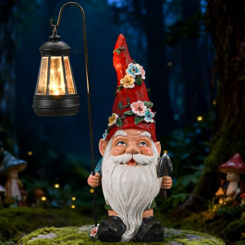 IDEA SHOW Garden Gnomes Statue with Solar Lantern, Outdoor Gnome Decorations for Yard, Outdoor Figurine Ornament with LED Lights for Patio Lawn, Mother's Day Birthday Gift for Women Mom Grandma