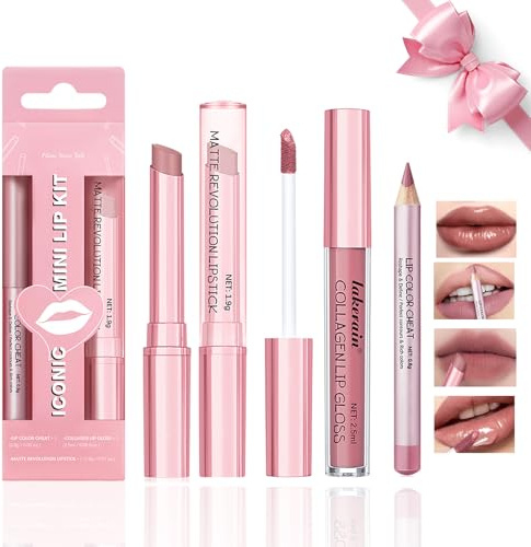 Desing Wish 3 Pezzi Rossetto Lunga Durata Nudo Rosso Opaco Kit Matita Labbra Rossetti Set Lucidalabbra Matite Labbra Rossetto liquido Lipgloss Lipstick Matte Trucco Trucchi Ragazza Donna Regalo