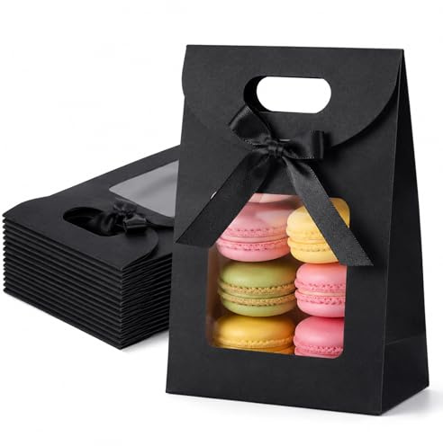 QingWing 15 Stück 16x12x6cm Geschenktüte mit Fenster Schwarz | Kleine Geschenktüten mit Fenster Und 15 Aufkleber, Geschenkverpackung mit Sichtfenster, Für Süßigkeiten Keksen Verpackung