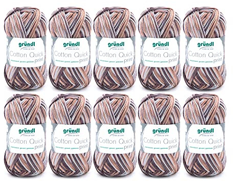 Gründl Ull Cotton Quick Print – tunn ull för virkning med färggradient – stickgarn – glänsande och hudvänlig – 100% bomull – 10 nystan 50 g/125 m – nåltjocklek 3 – 4 – brun