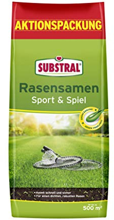 Substral Rasensamen Sport und Spiel, strapazierfähige Rasensaat-Mischung mit Grünfärbung gegen Vogelfraß, 10kg, 500m²