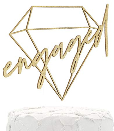 NANASUKO Engagement Cake Topper - engaged - with Modern Geometric Diamond Frame - Double Sided Gold Glitter - Premium Quality Made in USA