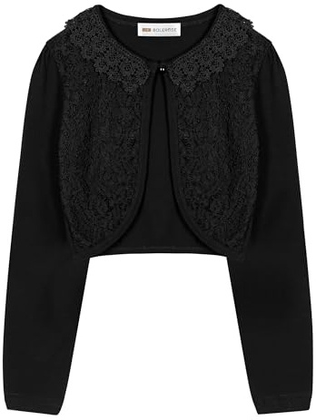 Bolerose Girls Long Sleeve Floral Lace Bolero Cardigan Kids Shrug Cover Up (Black, 13-14 Years)