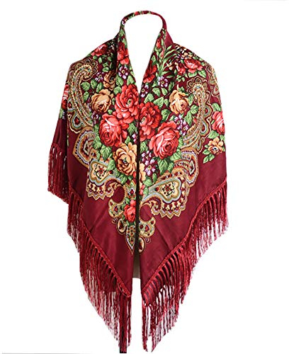Gudessly, Bufanda tradicional para mujer, con borlas y flecos, chal retro con estampado floral, poncho con cuello y cabeza, Rojo vino, Talla única