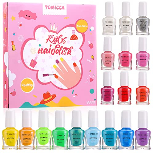 TOMICCA Kinder Nagellack Set 18 Farben Ungiftig Geruchlos Peel Off Aqua Kindernagellack Schnell Trocken Nagellack Geschenke Kit für Mädchen Geldgeschenk Weihnachten Kinder