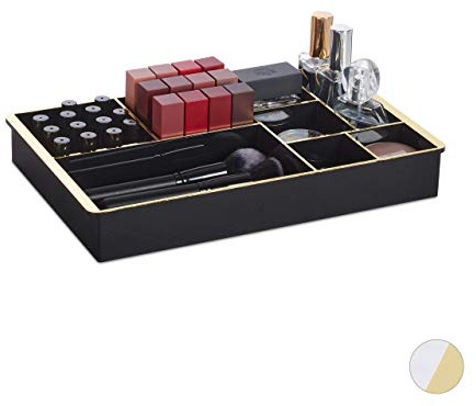 Relaxdays Schubladen Organizer, für Kosmetik, Ordnungssystem, Kunststoff, 8 Fächer, HBT: 5 x 35 x 22 cm, schwarz/gold, 1 Stück