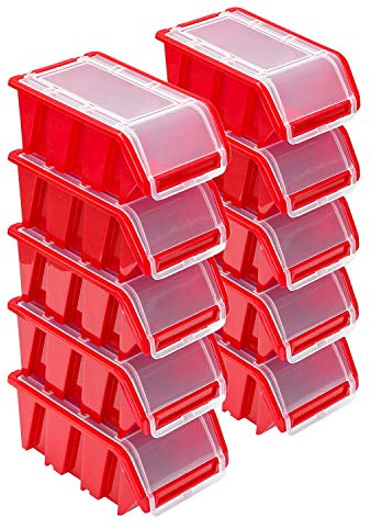 Stapelboxen Set – 10x Stapelbox mit Deckel 155x100x70 mm – Sichtbox Stapelbox Lagerbox, Rot