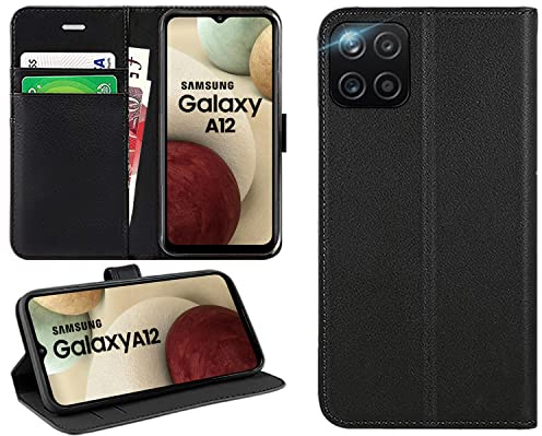 For Samsung Galaxy A12 Case Flip Wallet PU Leather Phone Cover with Card Holder, Magnetic Closure, Kickstand 6.5 inch Black