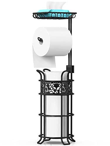 Toilet Paper Holder Stand with Shelf, Free Standing Toilet Paper Roll Dispenser Holds 3 Big Rolls of Jumbo Mega Paper, for RV Bathroom, Floral Pattern, Black