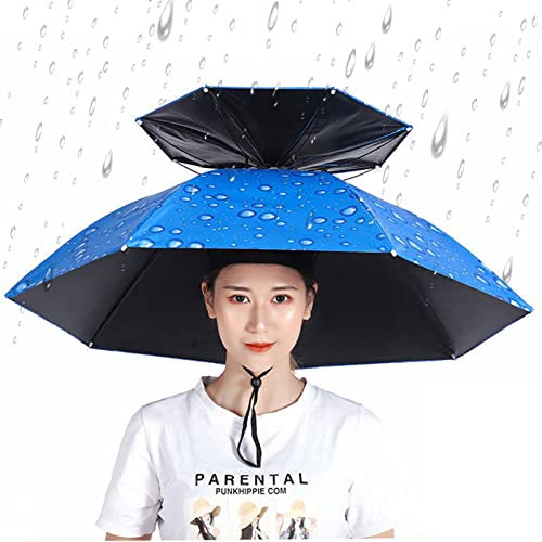 Yadlan Chapeau Parapluie de Tete Adulte, 2 Pièces Portable Pliable Double Couche Chapeau de Pêche de Protection Solaire, Chapeau Parasol pour Golf Jardinage Campant(Size:77cm,Color:Bleu)